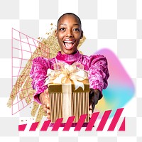 Woman png holding birthday gift, celebration remix, transparent background