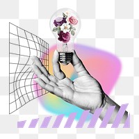 Hand png holding light bulb, creative collage art, transparent background