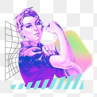 Vintage woman png flexing, feminist remix, transparent background