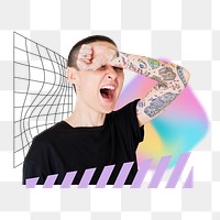 Tired tattooed woman png yawning, creative remix, transparent background