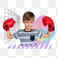 Boy wearing boxing glove png, sport hobby remix, transparent background