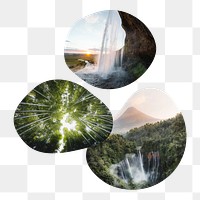 PNG Waterfall and forest badge elements, transparent background