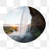 Iceland waterfall png badge element, transparent background