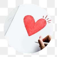 Heart doodle png circle badge element, transparent background