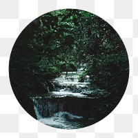 Waterfall landscape png circle badge element, transparent background