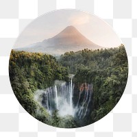 PNG Mountain and waterfall circle badge element, transparent background