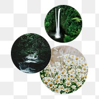 PNG waterfall and flowers circle badge elements, transparent background