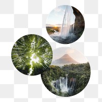 PNG Waterfall and forest circle badge elements, transparent background