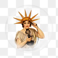 Statue of Liberty png making a call sticker, bubble design transparent background. Remixed by rawpixel.