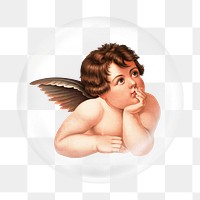 Cherub cupid png sticker, Raphael's artwork in bubble transparent background. Remixed by rawpixel.