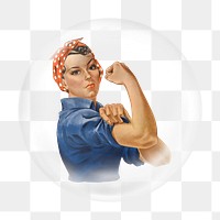 Girl power png sticker, J. Howard Miller's artwork in bubble transparent background. Remixed by rawpixel.