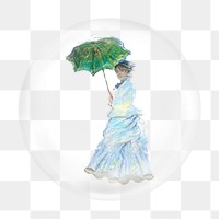 PNG woman with umbrella sticker, Claude Monet's artwork in bubble transparent background. Remixed by rawpixel.