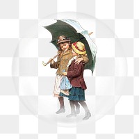 Girls with umbrella png sticker, bubble design transparent background. Remixed by rawpixel.