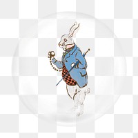 White rabbit png sticker, Lewis Carroll’s Alice’s Adventures in Wonderland character in bubble transparent background. Remixed by rawpixel.