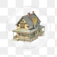 Png vintage wooden house sticker,  bubble design transparent background. Remixed by rawpixel.