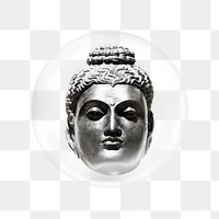 PNG Indian Buddha head sticker, religious sculpture in bubble transparent background. Remixed by rawpixel.