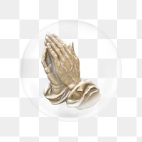 Praying hands png sculpture sticker, bubble design transparent background. Remixed by rawpixel.