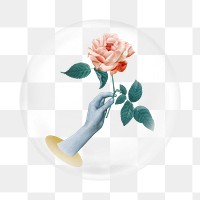 PNG hand holding rose sticker, bubble design transparent background. Remixed by rawpixel.