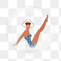 Tanned woman png summer sticker, bubble design transparent background. Remixed by rawpixel.