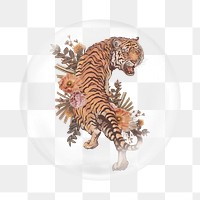 PNG aesthetic wild tiger    sticker, bubble design transparent background