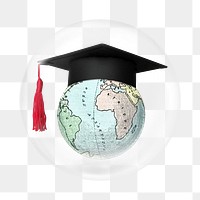 Png earth planet with graduation cap sticker, bubble design transparent background. Remixed by rawpixel.