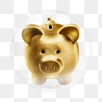 PNG gold piggy bank     sticker, bubble design transparent background