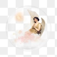 Angel & moon png sticker, Abbott Handerson Thayer aesthetic illustration in bubble transparent background. Remixed by rawpixel.