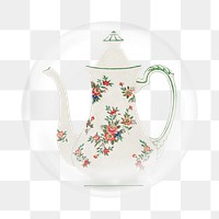 Vintage floral teapot png sticker, bubble design transparent background. Remixed by rawpixel.