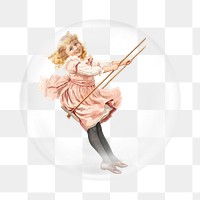 PNG girl in swing sticker, vintage illustration in bubble transparent background. Remixed by rawpixel.