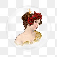 Vintage woman png sticker,  bubble design transparent background. Remixed by rawpixel.