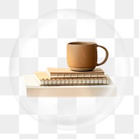 Minimal cup & notebooks png element in bubble