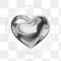 3D silver heart png bubble element, transparent background 