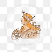 Art nouveau woman png bubble element, transparent background. Artwork by Alphonse Mucha, remixed by rawpixel.