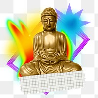 Meditating buddha png element, colorful gradient shape tape, transparent background