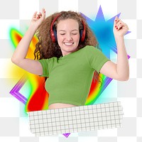 Woman dancing png element, colorful gradient shape tape, transparent background