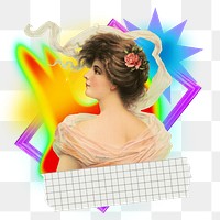 Beautiful lady png element, colorful gradient shape tape, transparent background