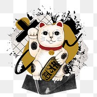 Japanese cat doll png element, urban street, transparent background