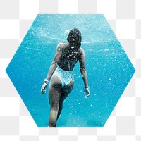 PNG woman diving in ocean, hexagonal shape, transparent background