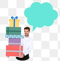 Man carrying presents png element, transparent background