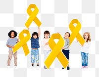 Kids png holding gold ribbons, childhood cancer awareness, transparent background