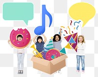 Png diverse kids with party items, transparent background