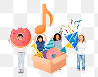 Png diverse kids with party items, transparent background