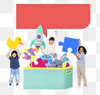 Png diverse kids playing with toy icons, transparent background