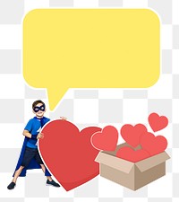 Young superhero png with heart icons, transparent background