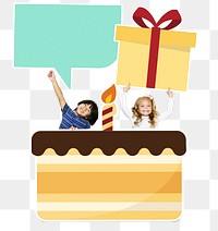 Birthday cake png with kids, transparent background