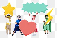 Png  superhero kids with fun icons, transparent background