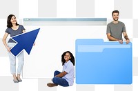 Png people with webpage, a folder, and a cursor icons, transparent background