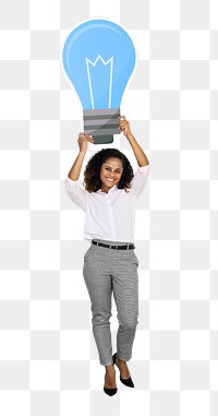 Png businesswoman holding a light bulb, transparent background