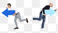 Two men png with arrows and running in opposite directions, transparent background