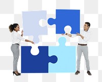 Png colleagues connecting puzzle pieces, transparent background